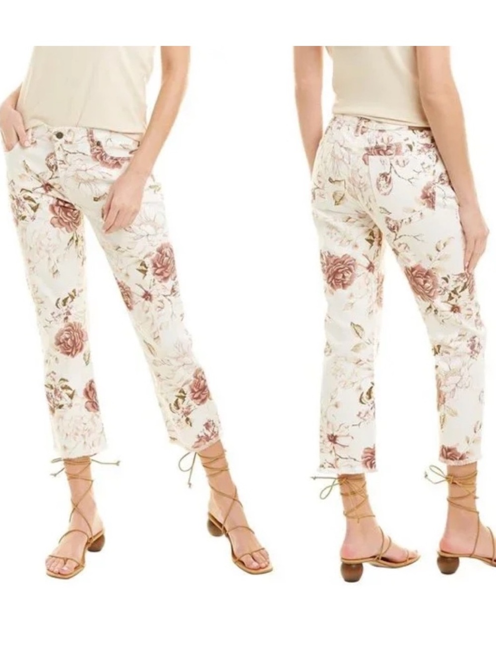 Johnny Was Rose Print Cropped Boyfriend Jeans 28 Mid Rise Frayed Hem